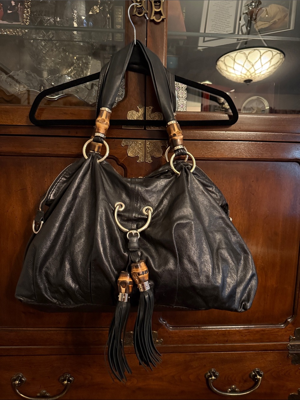 Gucci Black Leather Shoulder Hobo with Bamboo Accents